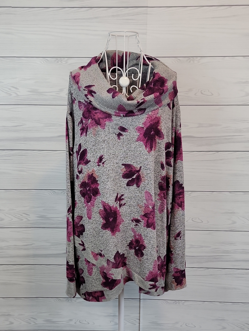 Peace & Pearls Cowl Neck Floral Sweater - Gray with Plum Floral Womens Size 2X